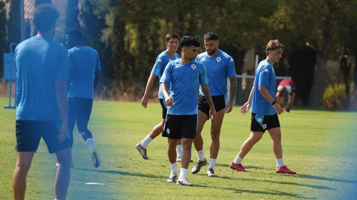 Jugadores del primer equipo del Hércules, en una sesión en Fontcalent durante la semana pasada.
