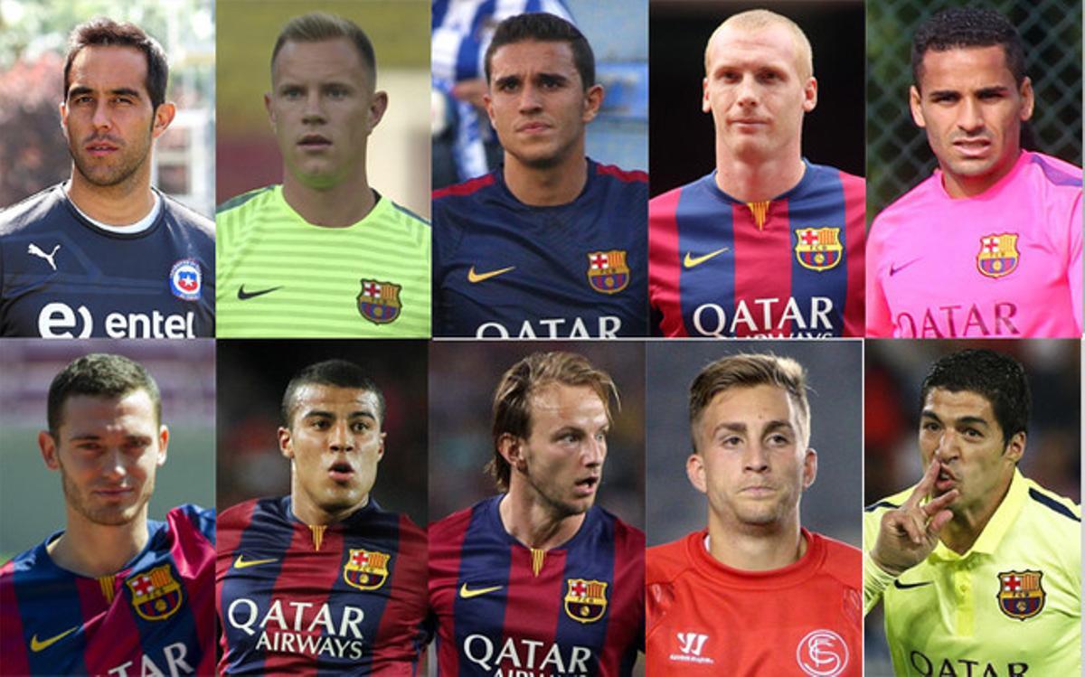 De izquierda a derecha y de arriba abajo: Bravo, Ter Stegen, Masip, Mathieu, Douglas, Vermaelen, Rafinha, Rakitic, Deulofeu y Luis Suárez