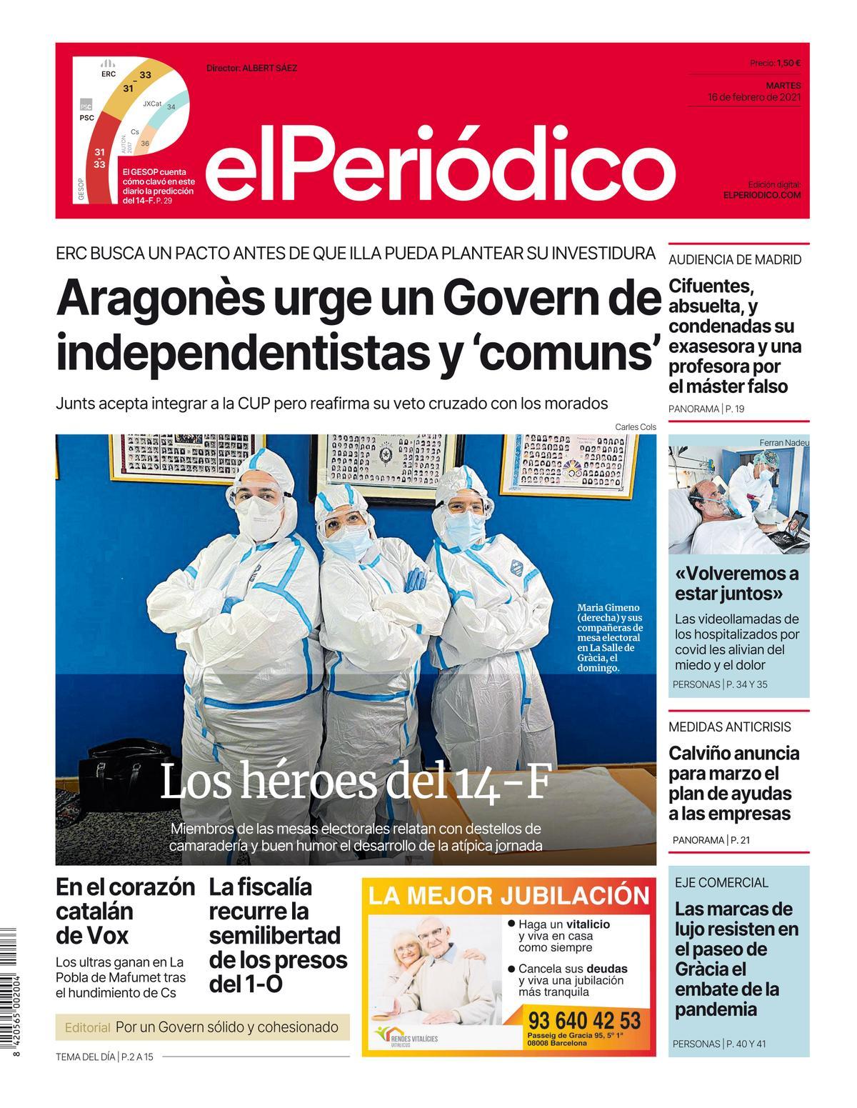 La portada d’EL PERIÓDICO del 16 de febrer del 2021