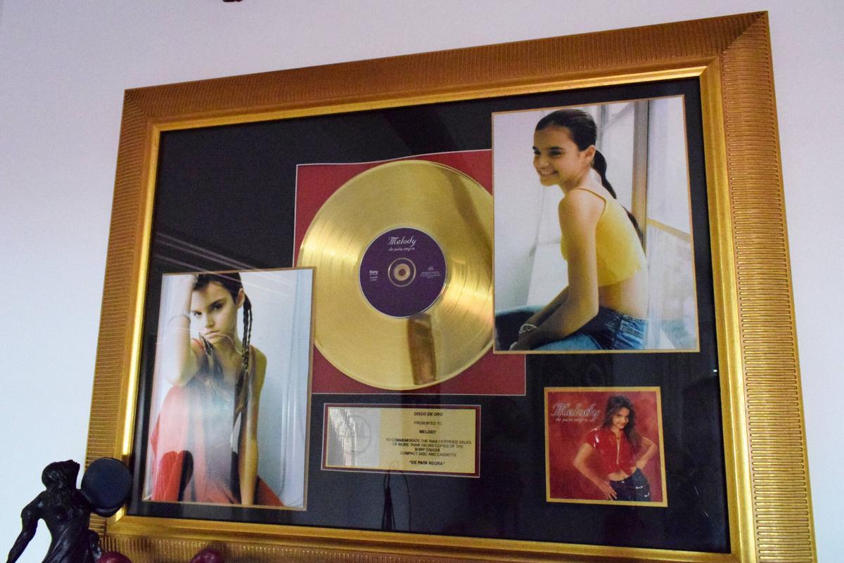 Disco de platino y fotos de la cantante Melody en un cuadro ubicado en la casa familiar de la artista nazarena