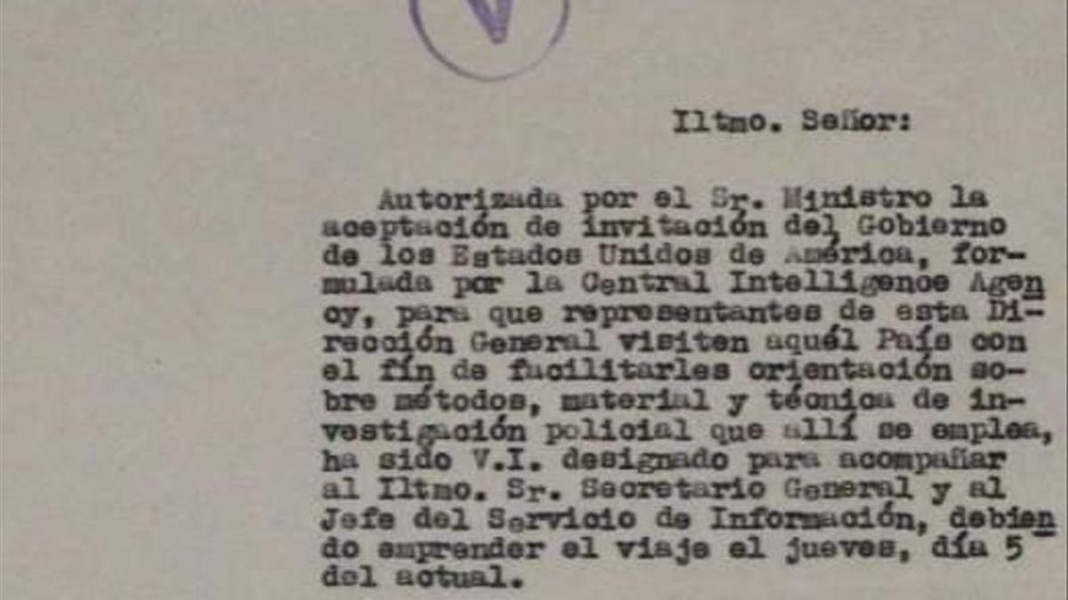 Autorización a Vicente Reguengo para viajar a EEUU y recibir instrucción de la CIA y el FBI.