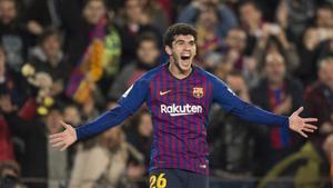 Aleñá celebra su gol ante el Villarreal. 