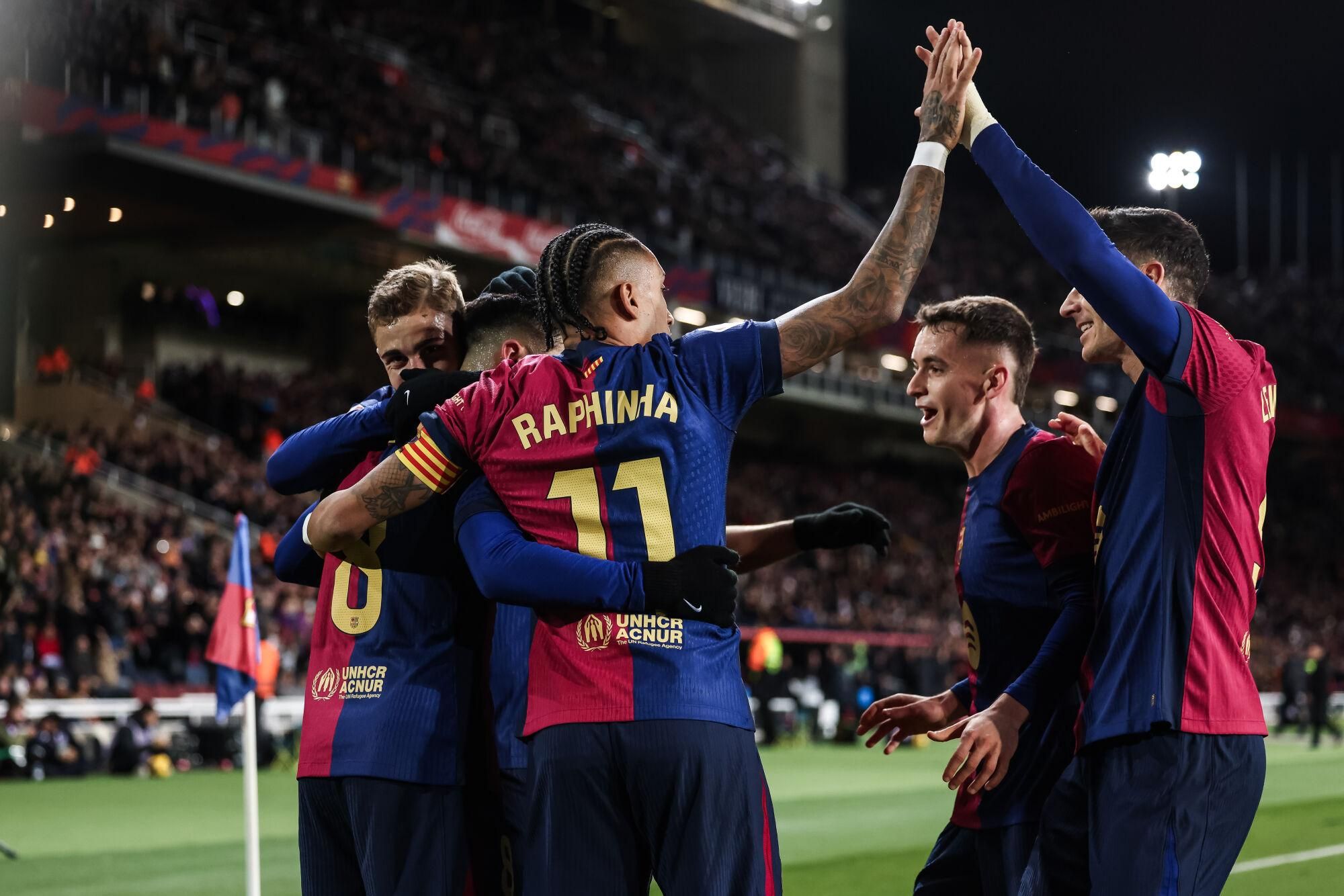 Pedro Gonzalez Pedri of FC Barcelona celebrates a goal with his teammates during the Spanish league, La Liga EA Sports, football match played between FC Barcelona and Atletico de Madrid at Estadio Olimpico de Montjuic on December 21, 2024 in Barcelona, Spain. AFP7 21/12/2024 ONLY FOR USE IN SPAIN. Javier Borrego / AFP7 / Europa Press;2024;SOCCER;SPORT;ZSOCCER;ZSPORT;FC Barcelona v Atletico de Madrid - La Liga EA Sports;