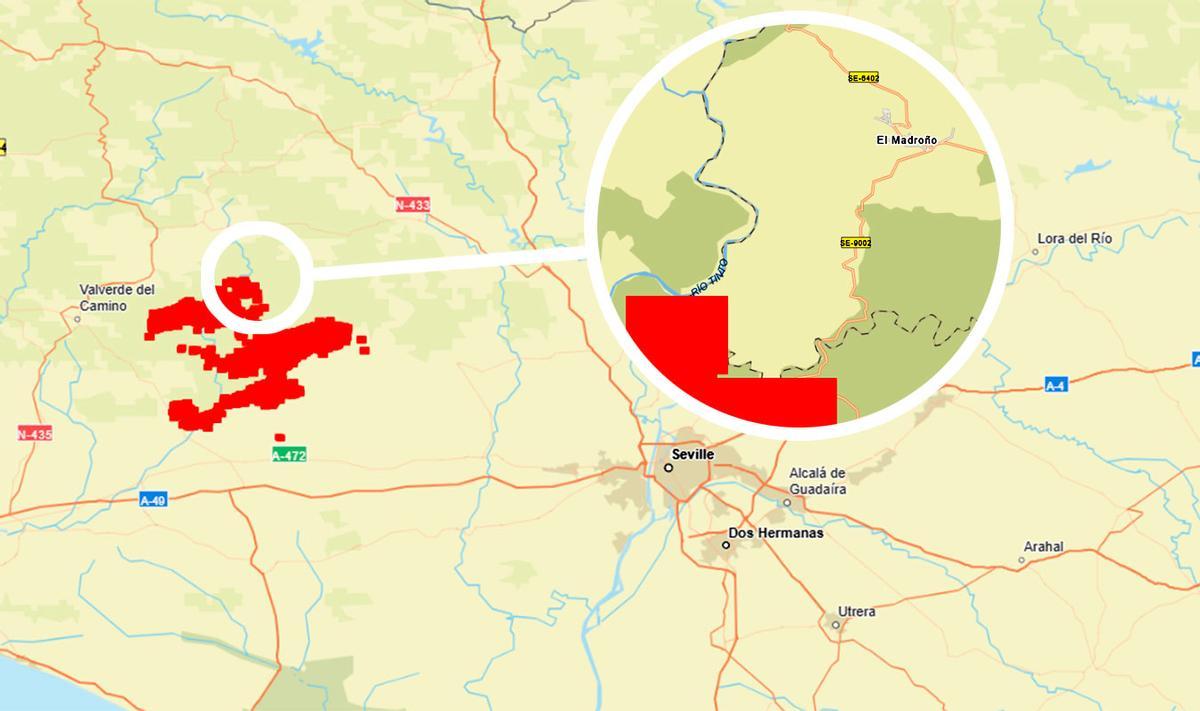 Mapa del incendio de Niebla entrando ya en la provincia de Sevilla.