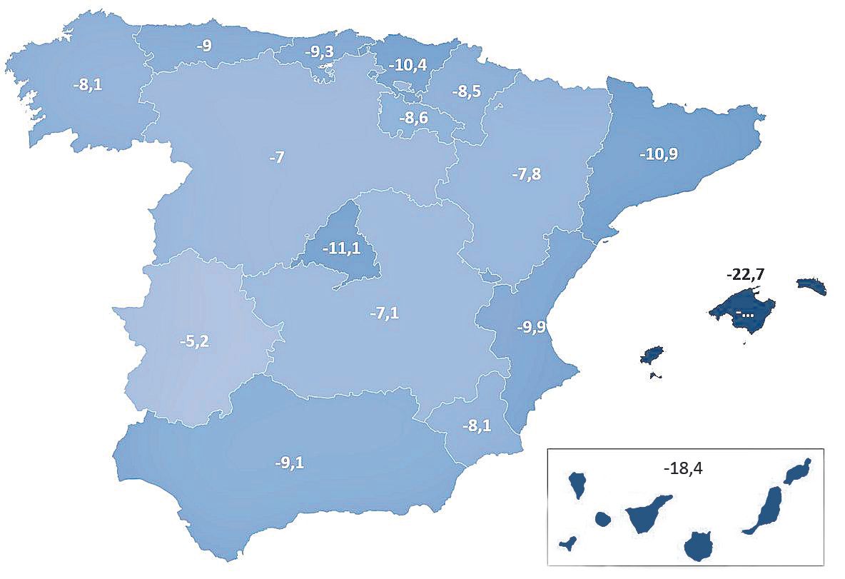 MAPA 2 | Descenso del PIB real por comunidades autónomas en 2020 con respecto a 2019 (tasa interanual)