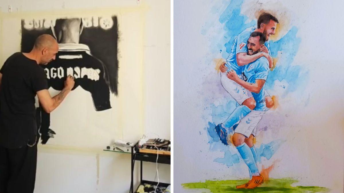 Marcos Míguez dibuja un mural de Iago Aspas. A la derecha, acuarela de Anxo Guiances en la que Borja Iglesias celebra un gol con Mingueza.