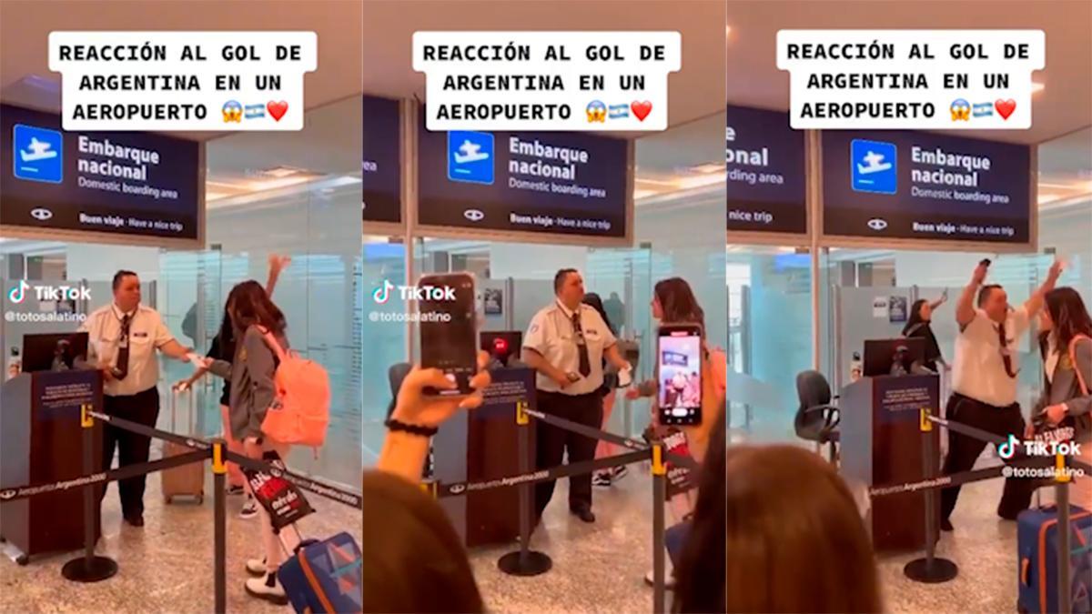 Locura de un aficionado celebrando en un aeropuerto el gol de Argentina: ¡se olvida que está trabajando!