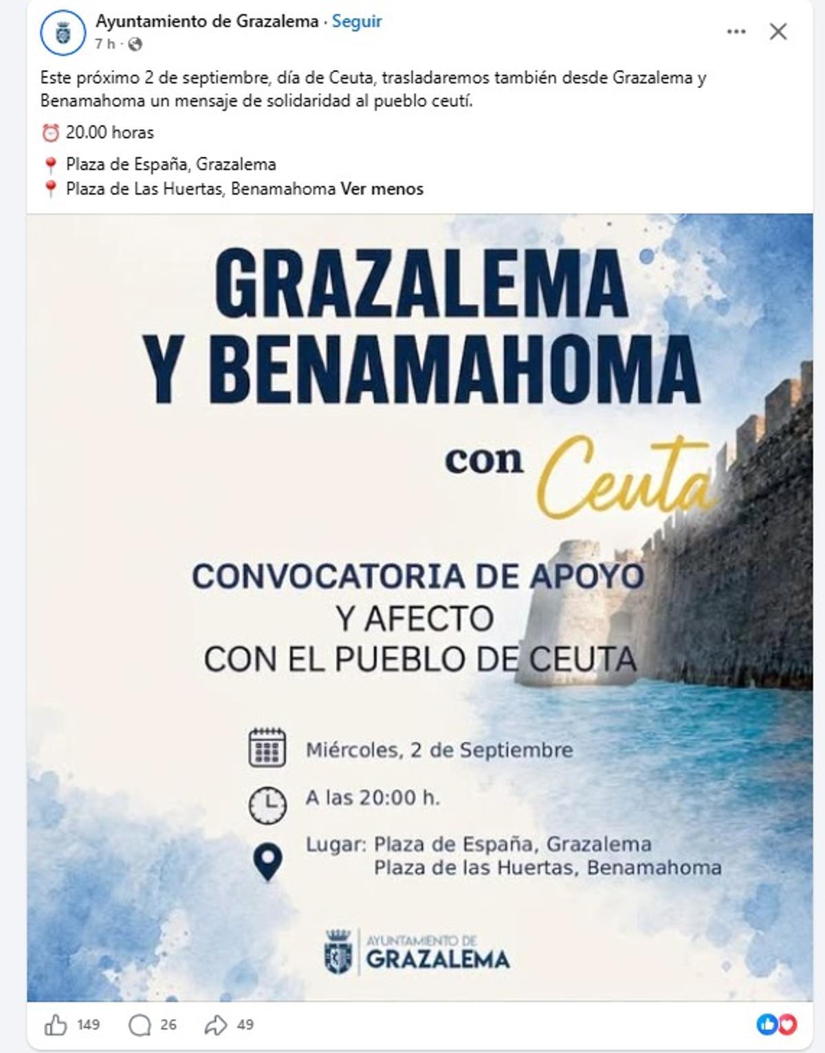 Imagen difundida por el Ayuntamiento de Grazalema en su perfil oficial de Facebook.