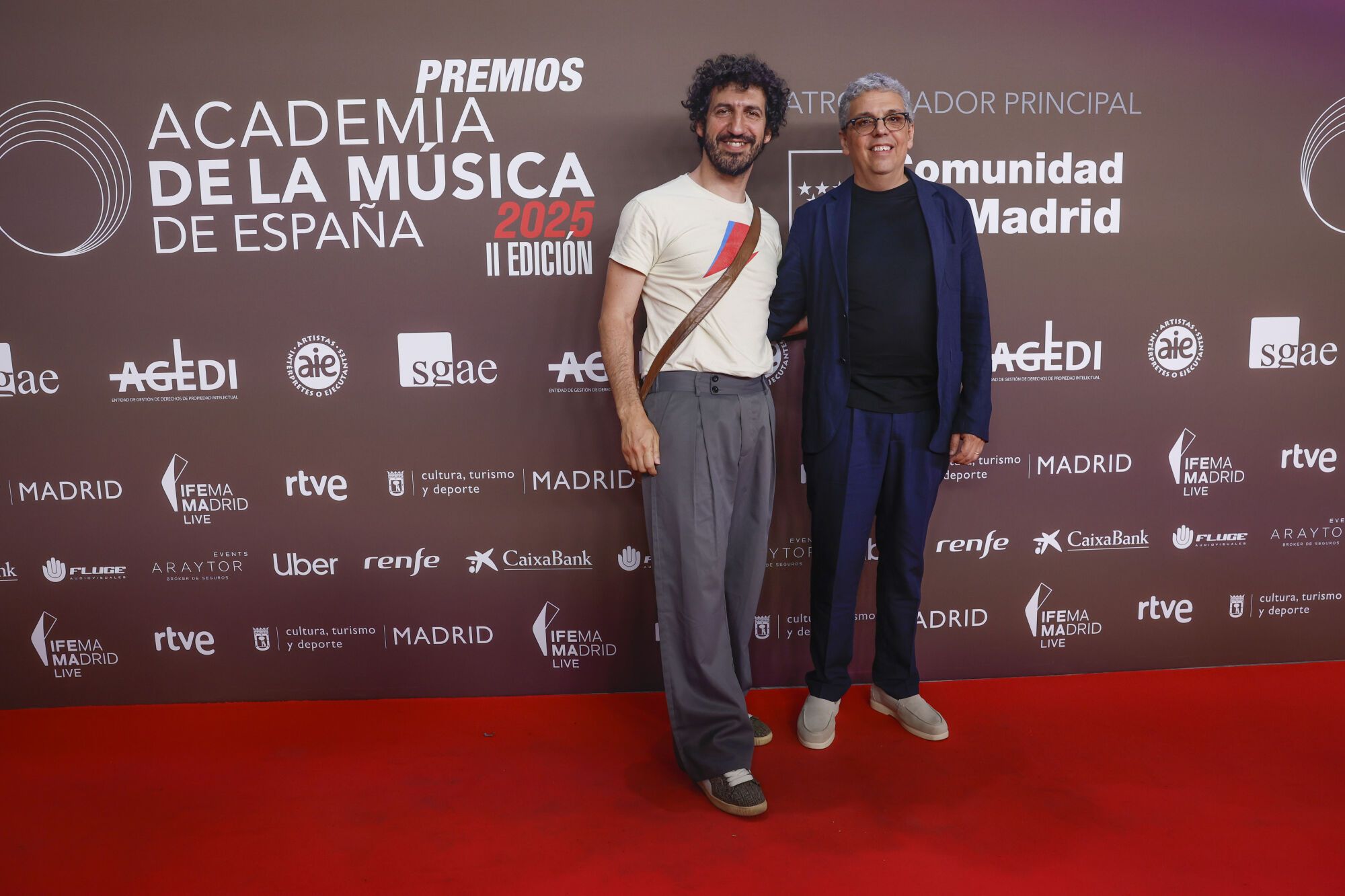 MADRID, 04/06/2025.- Los cantautores Pedro Guerra y Marwán (i) a su llegada a la II Edición de los premios de la Academia de la Música de España, este miércoles en Madrid. EFE/ Juanjo Martín