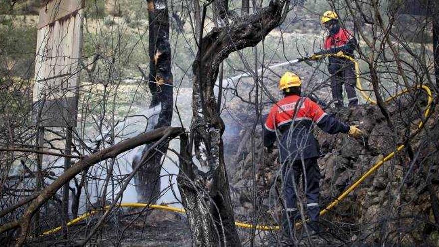 Dos bomberos se emplean a fondo para terminar de extinguir las llamas en el incendio registrado ayer en L&#039;Orxa.