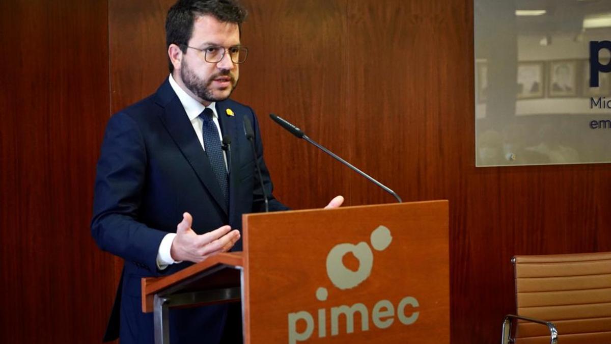 Pla mitjà del president de la Generalitat, Pere Aragonès, en el Comitè Executiu de PIMEC. Imatge del 8 de juny de 2021. (Horitzontal)