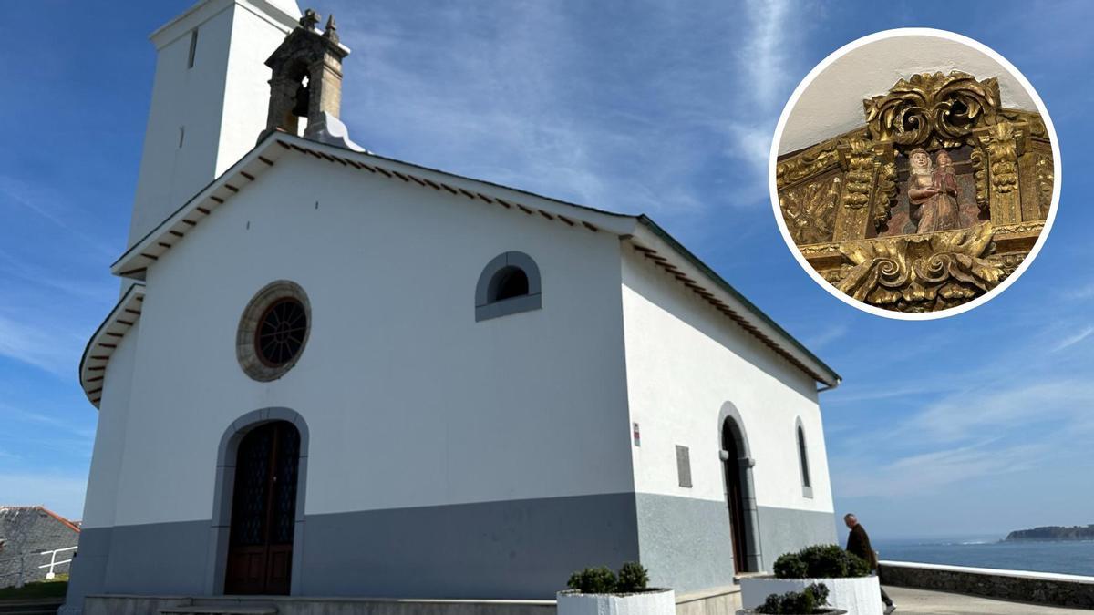 Capilla de La Atayala, en Luarca; en el círculo, la talla de la Virgen.
