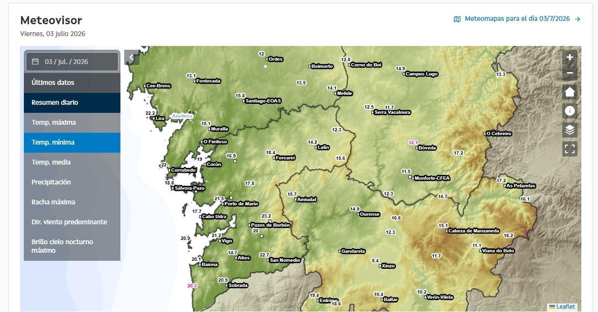 Mapa de las temperaturas mínimas registradas duarnte la última noche.