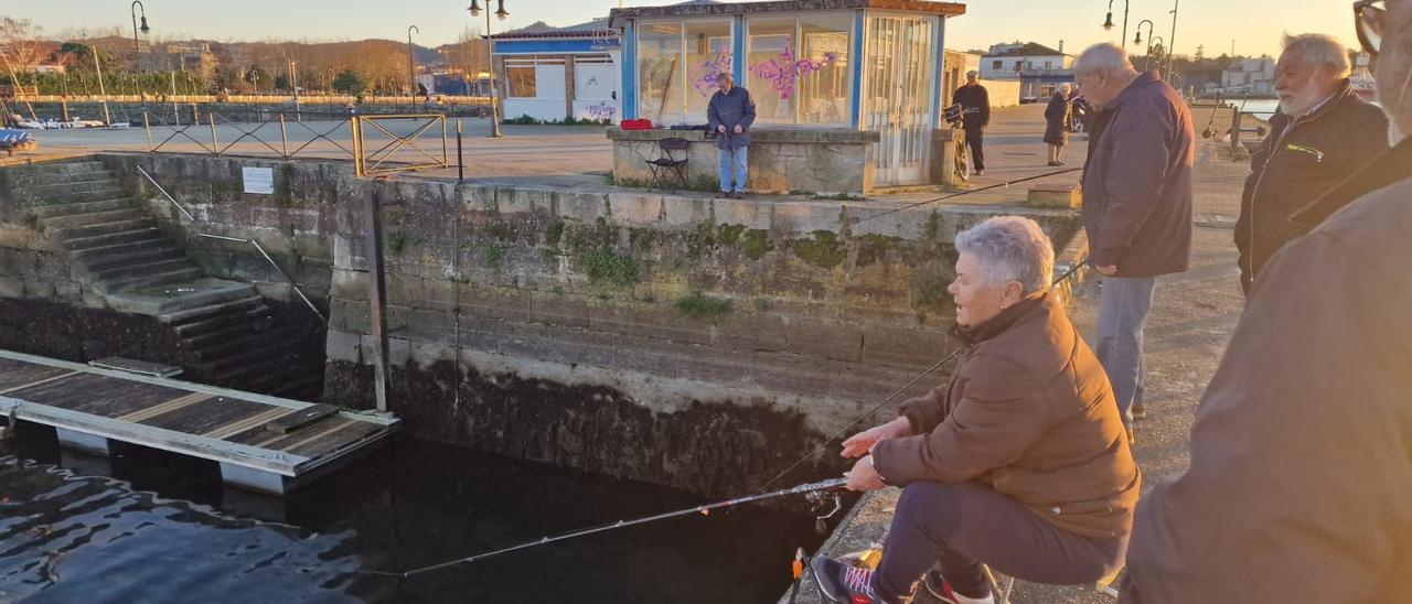 Algunos de los pescadores deportivos que cada tarde se dan cita en el muelle de pasajeros de Vilagarcía.