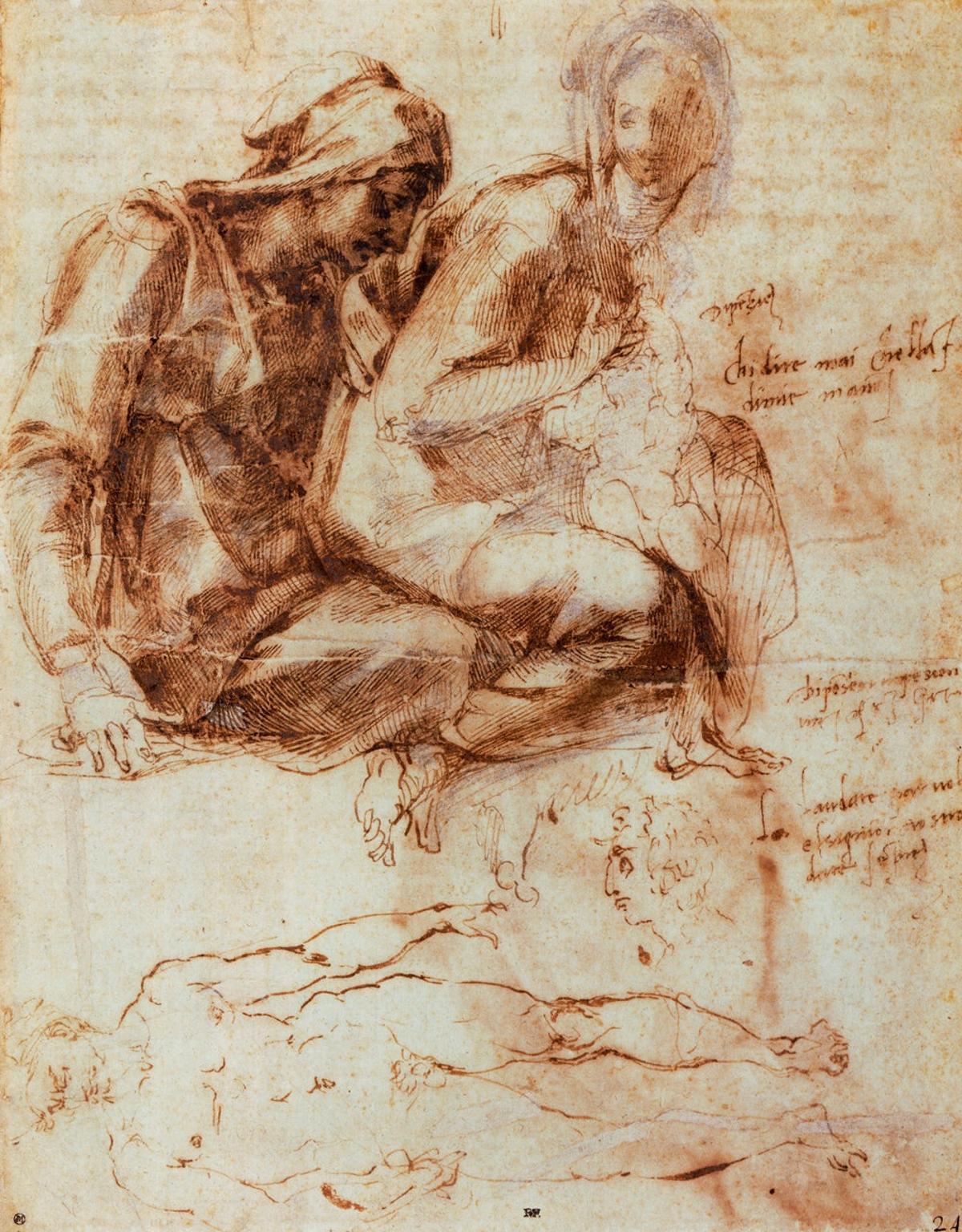 Dibujo de Santa Ana y la Virgen con el niño, de Miguel Ángel.