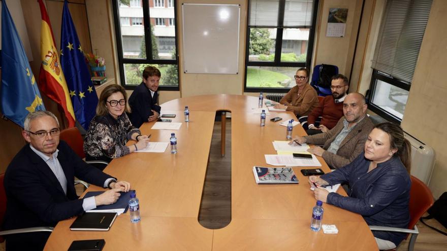 Los representantes de la Consejería, a la izquierda, durante la reunión con los representantes de la AMPA. | IRMA COLLÍN