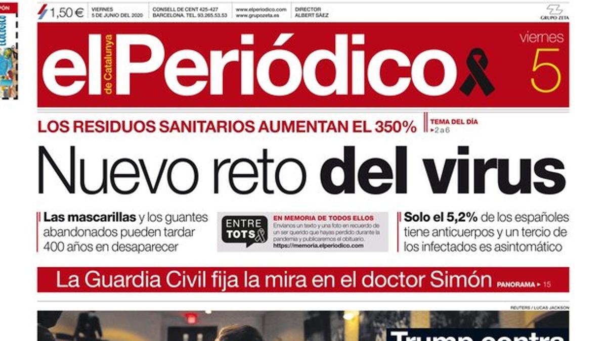 La portada de EL PERIÓDICO del 5 de junio del 2020.