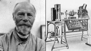 Willem Einthoven, junto a una reproducción de su electrocardiógrafo.