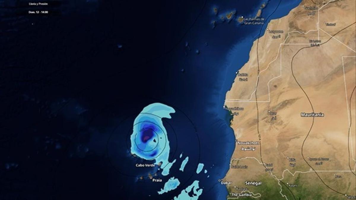 Posible ciclón tropical al norte de Cabo Verde y con tendencia a aproximarse ligeramente a Canarias (mapa con la previsión para el domingo).