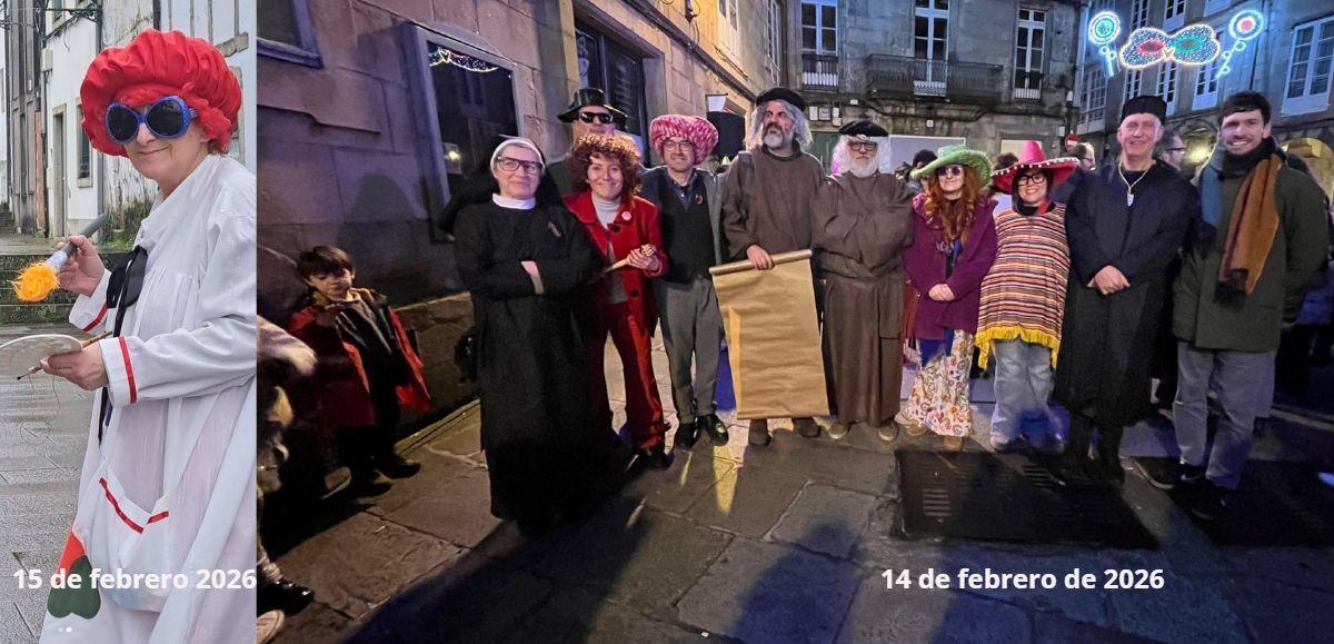 A la izquierda, la alcaldesa con su disfraz de pintora. Al lado, como Janis Joplin con parte de la corporación municipal e integrantes del Coro da Ra, en el Toural.