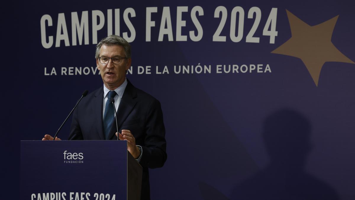 Feijóo, este jueves, en la clausura del Campus FAES 2024.