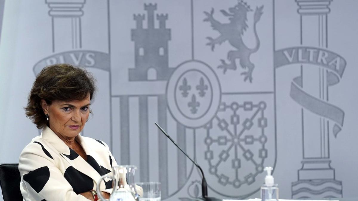 La vicepresidenta primera del Gobierno, Carmen Calvo, el pasado 15 de septiembre en la rueda de prensa posterior al Consejo de Ministros, en la Moncloa.