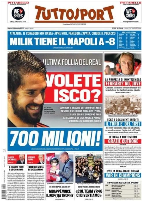 Portada TUTTOSPORT martes 4 de diciembre 2018