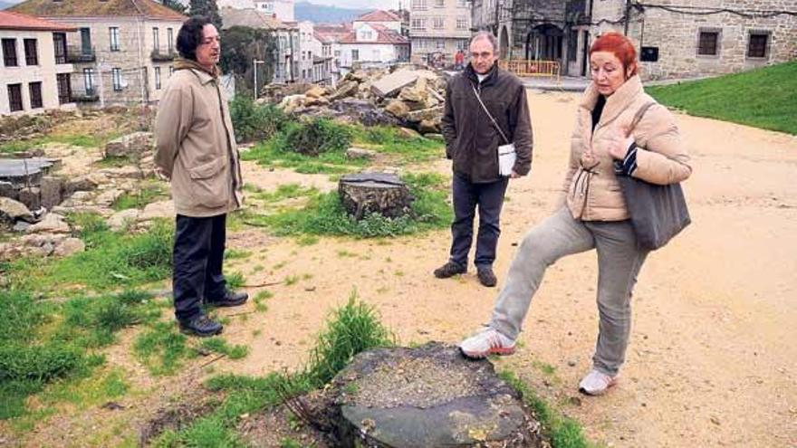 Xulio Martínez, Rafael Muiños y Pascuala Campos muestran los tocones de los robles talados en el Campillo de Santa María.