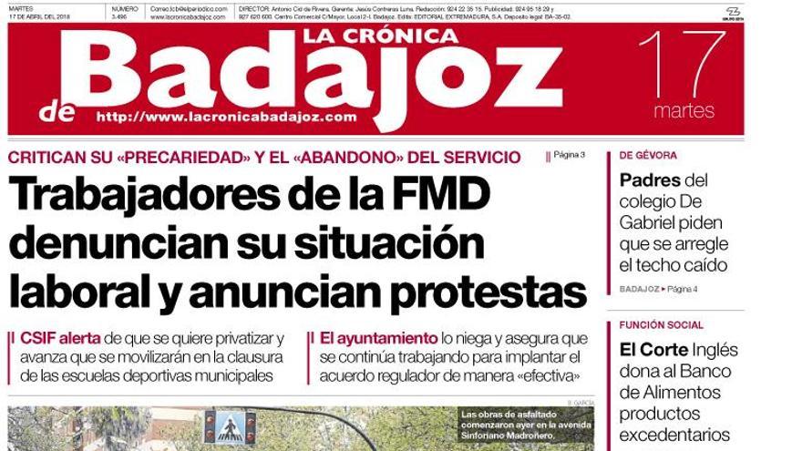 Esta es la portada de LA CRÓNICA DE BADAJOZ correspondiente al día 17 de abril del 2018