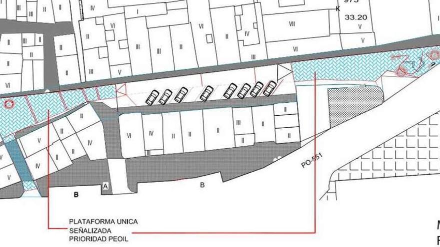 Plano de Méndez Núñez, con la plataformas de prioridad peatonal en azul. // FdV