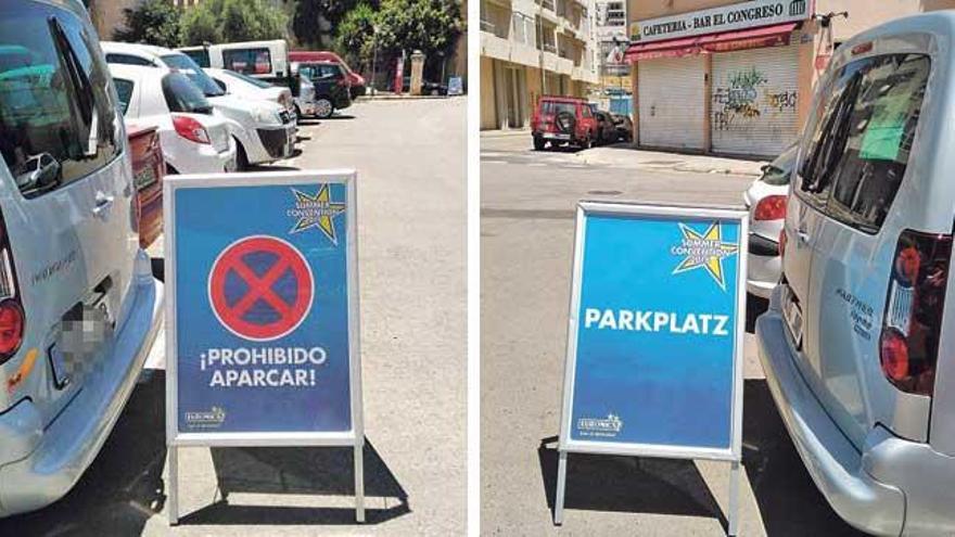 La parte delantera del cartel prohibía aparcar en la calle (izqda.); en la parte trasera se podía leer ´Aparcamiento´ en alemán.