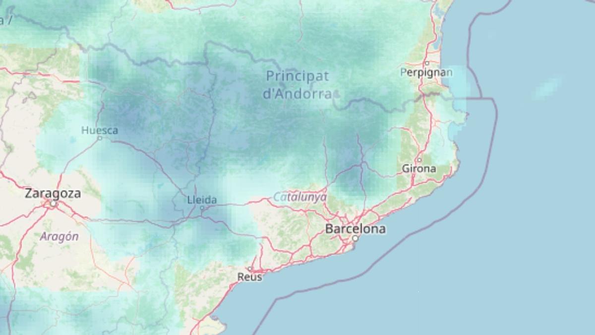 Radar de lluvias sobre el mapa de Catalunya