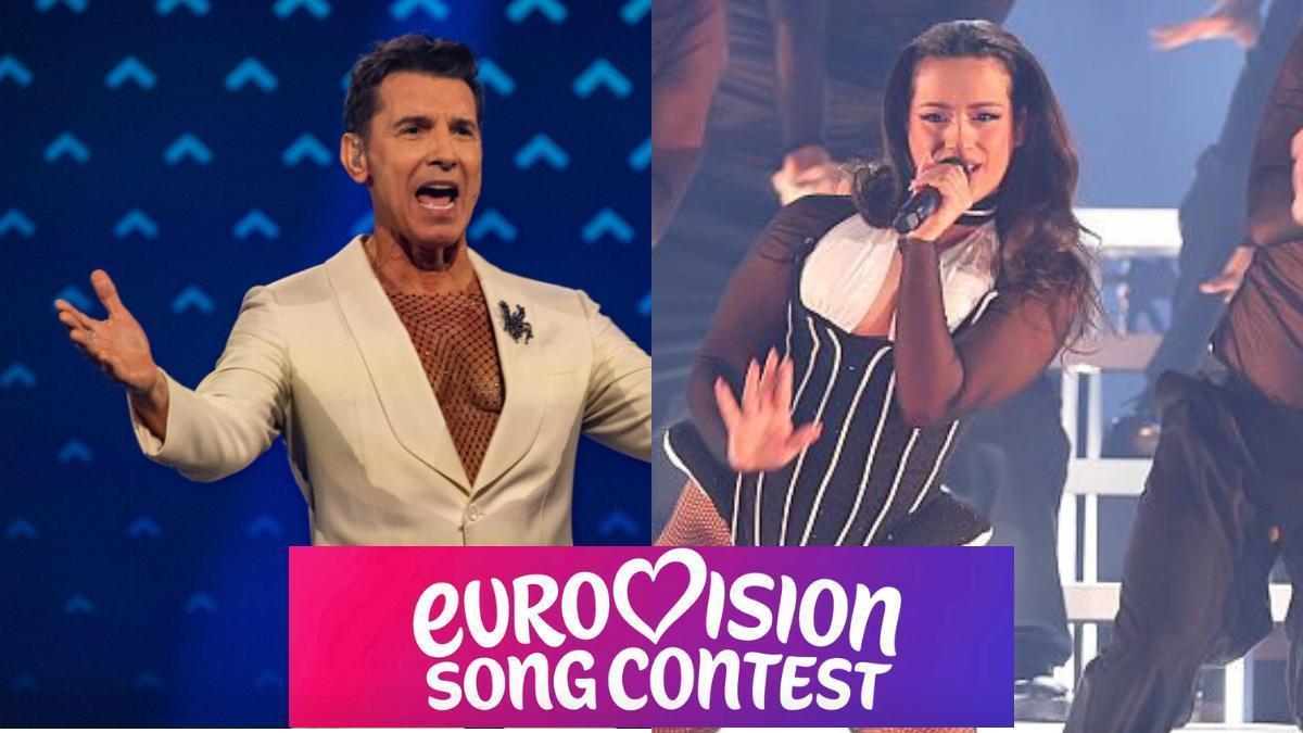 Jesús Vázquez y Chanel durante el 'Benidorm fest 2026' / Cartel con el logotipo de Eurovisión