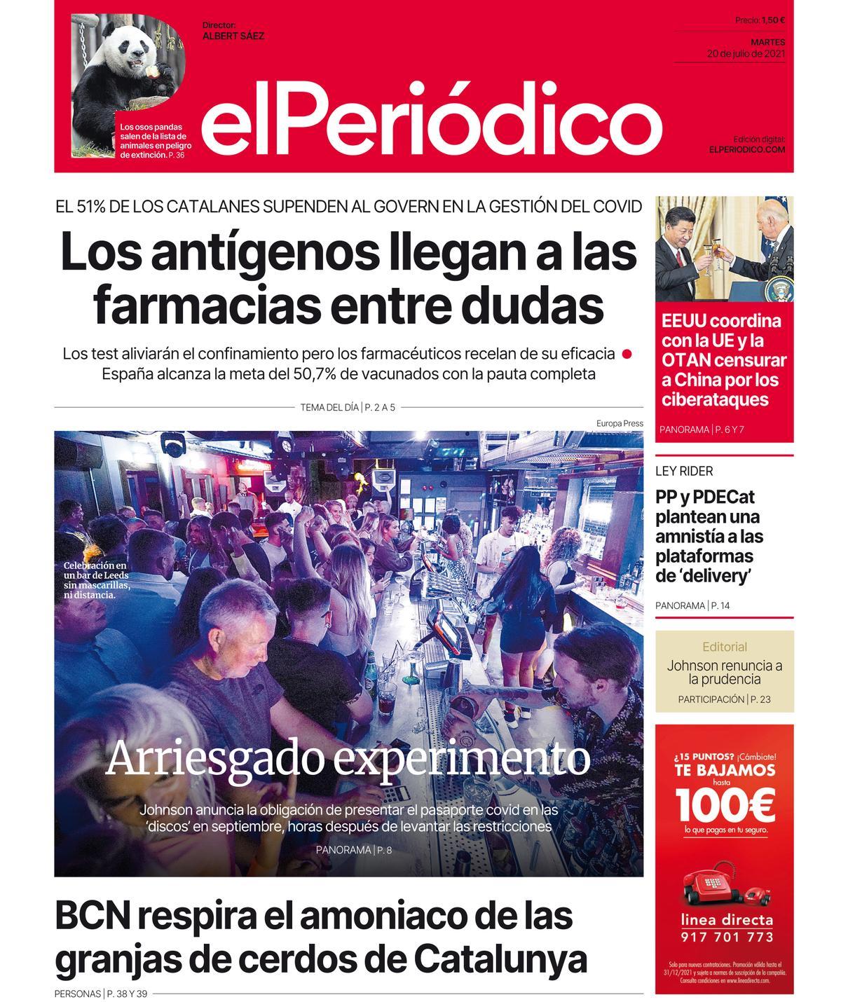 La portada d’EL PERIÓDICO del 20 de juliol del 2021