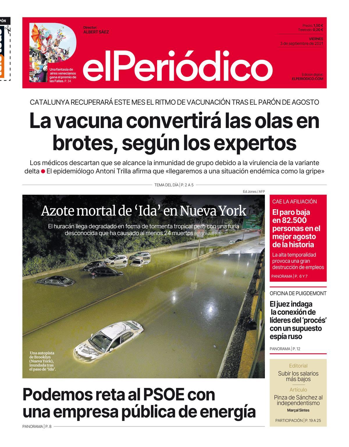 La portada d’EL PERIÓDICO del 3 de setembre del 2021