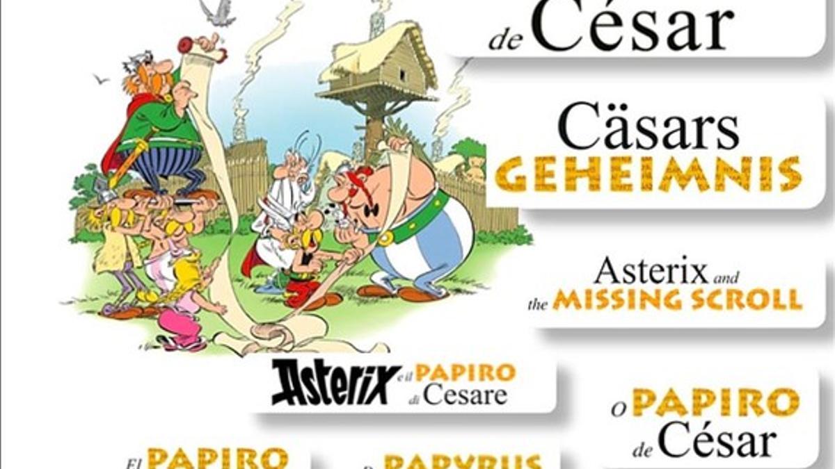 Imagen promocional del título del nuevo álbum de Astérix en diversos idiomas.