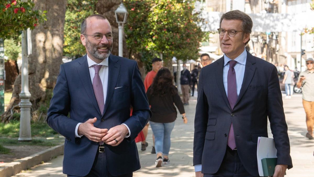 El presidente del PP, Alberto Núñez Feijóo, y el líder del PP europeo, Manfred Weber.