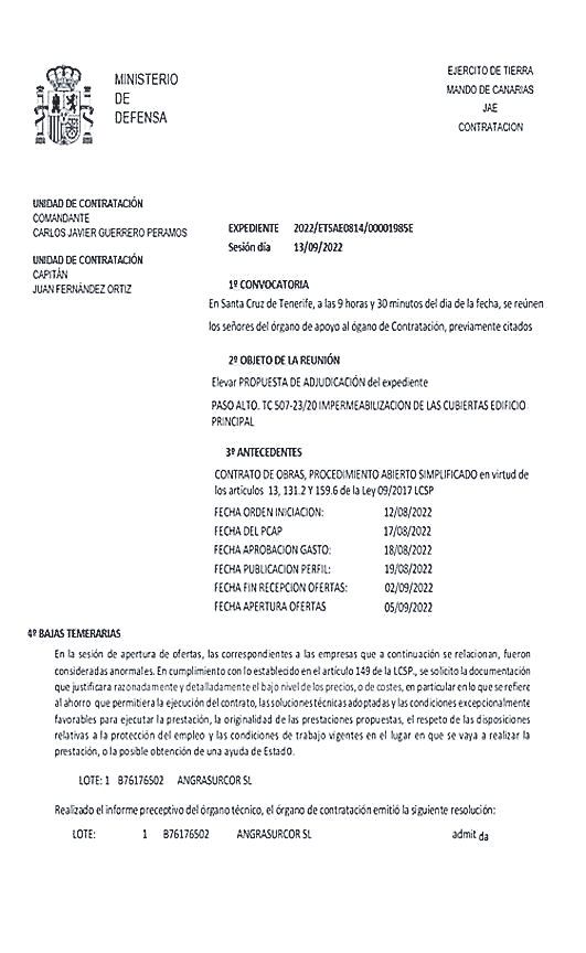 Captura del expediente de contratación del Mando de Canarias.