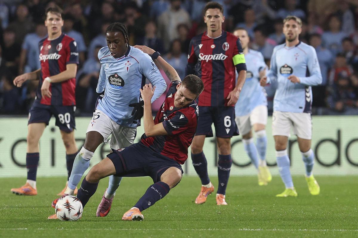Ilaix Moriba, en el duelo de Europa League frente al Bolonia