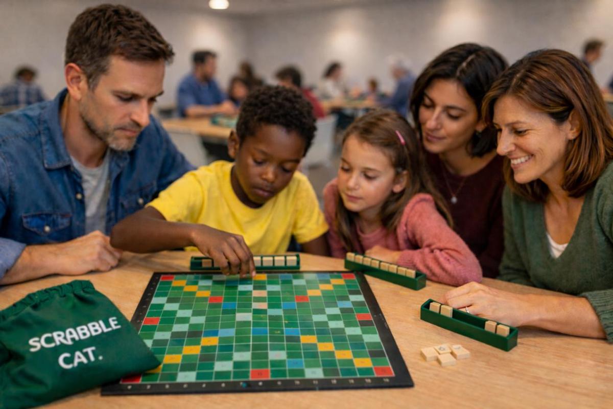 Una imatge generada amb IA amb una família jugant a Scrable