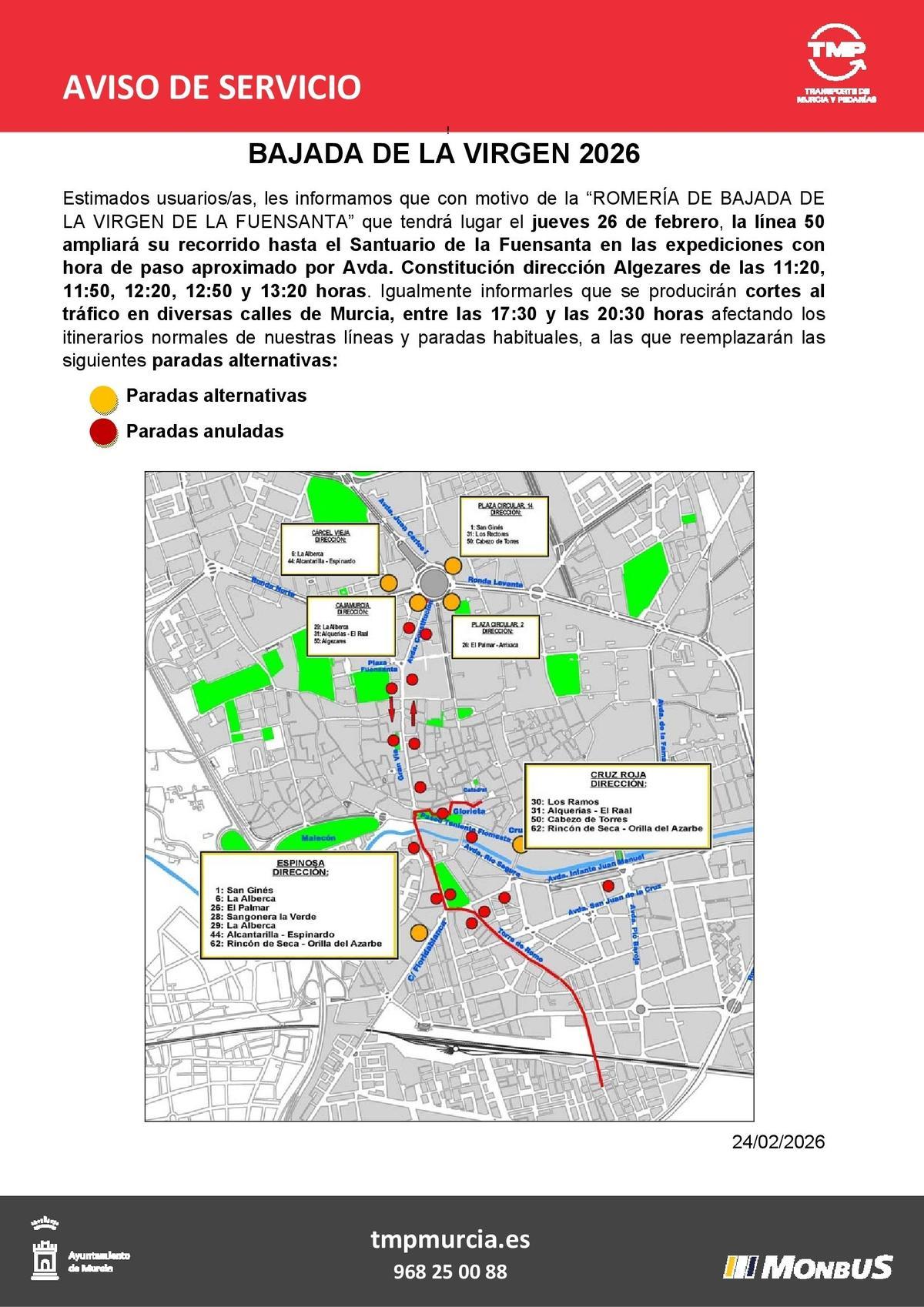 Nota informativa del Ayuntamiento de Murcia sobre las paradas de autobús afectadas por la bajada de la Fuensanta.