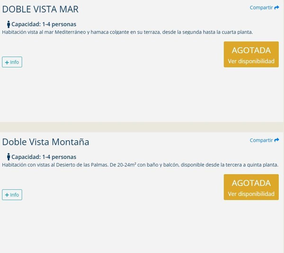 Web informando de habitaciones agotadas.