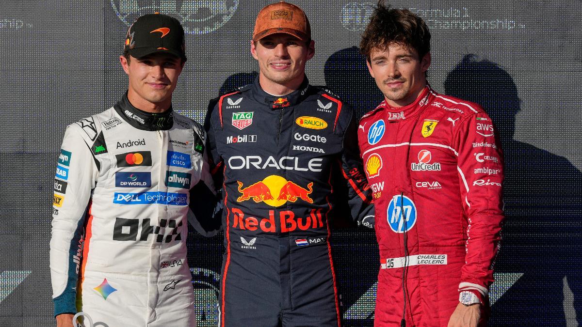 Max Verstappen, vencedor en Austin, escoltado por Lando Norris y Charles Leclerc