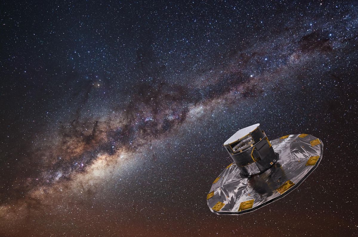 Recreación artística del satélite Gaia observando las estrellas de la Vía Láctea.