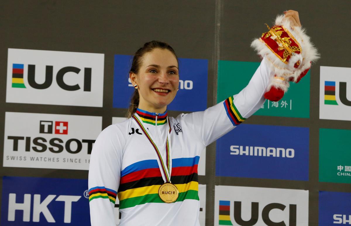 FILE PHOTO: Cycling - UCI Track World Championships - Women’s Sprint, Final - Hong Kong, China - 14/4/17 - Germany’s Kristina Vogel poses with gold medal and a toy.   REUTERS/Bobby Yip/File Photo