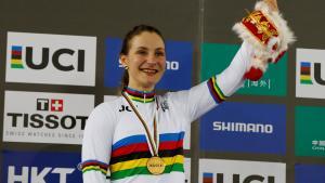 FILE PHOTO: Cycling - UCI Track World Championships - Women’s Sprint, Final - Hong Kong, China - 14/4/17 - Germany’s Kristina Vogel poses with gold medal and a toy.   REUTERS/Bobby Yip/File Photo