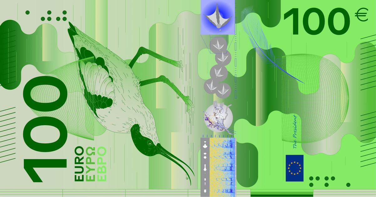 Diseño del billete de 100 euros en el que se ve una Avoceta y su presencia sobre el mapa de Europa, sus huellas y las ondas de sonido de su canto.
