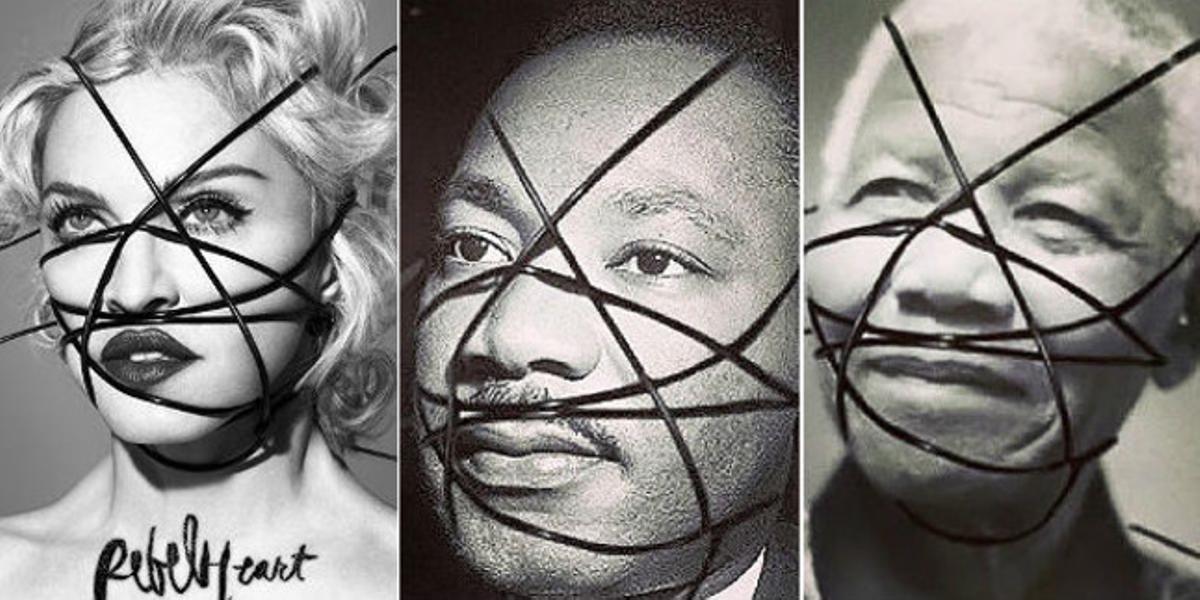Muntatge de la portada del disc de Madonna i les fotos manipulades de Luther King i Mandela.