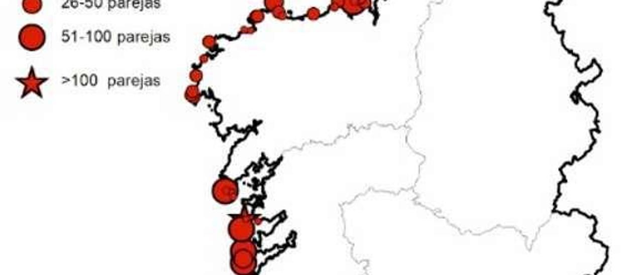 Distribución de población reproductora de cormorán moñudo. // SEO