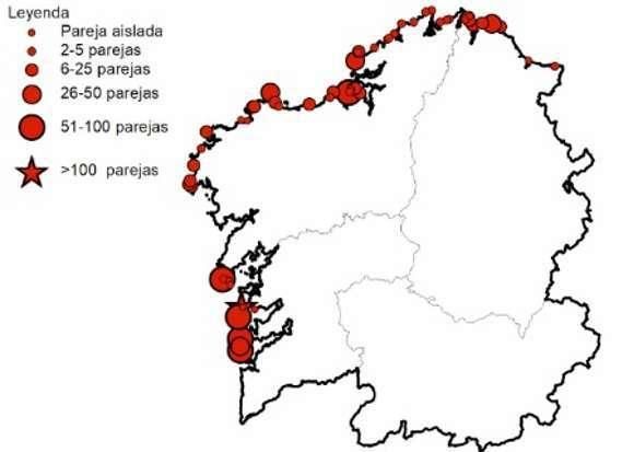 Distribución de población reproductora de cormorán moñudo.